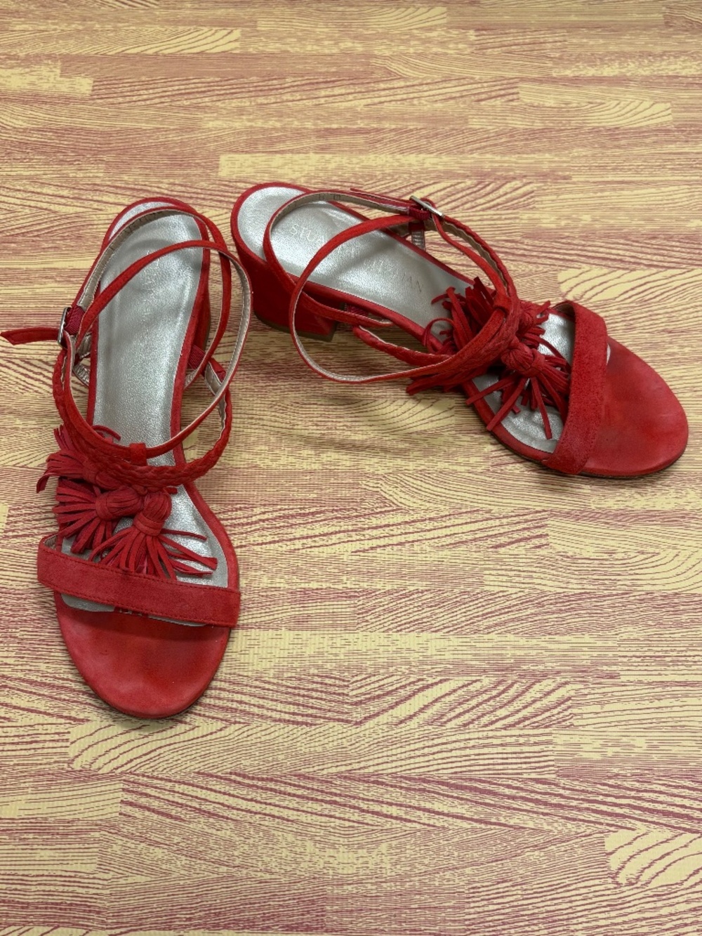 Stuart Weitzman Red Suede Braided Luxury Tassel Sandals Block Heels Sz 8